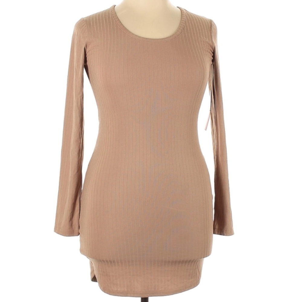 Hot Kiss Mocha colored dress, long sleeved, textured stripe fabric.